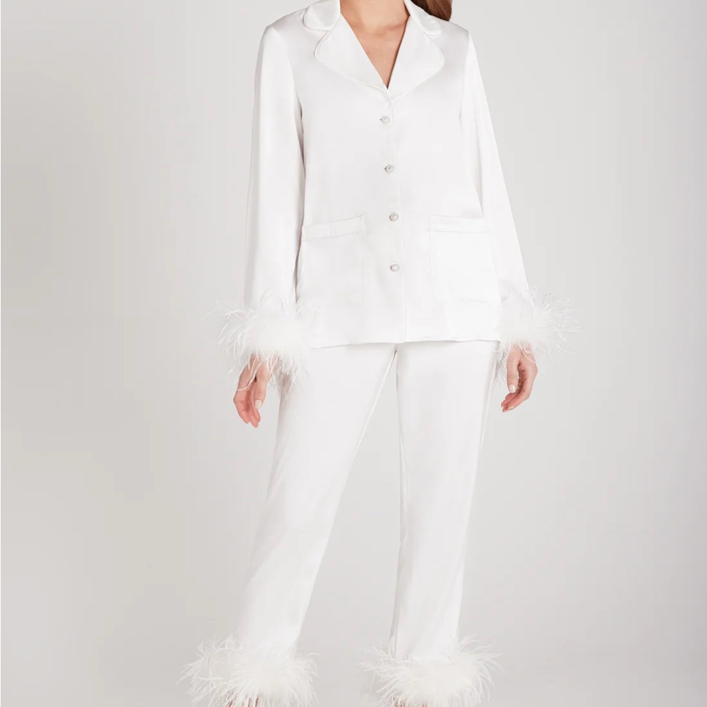 Nadine Merabi White Feather-Trim Satin Pajama Set